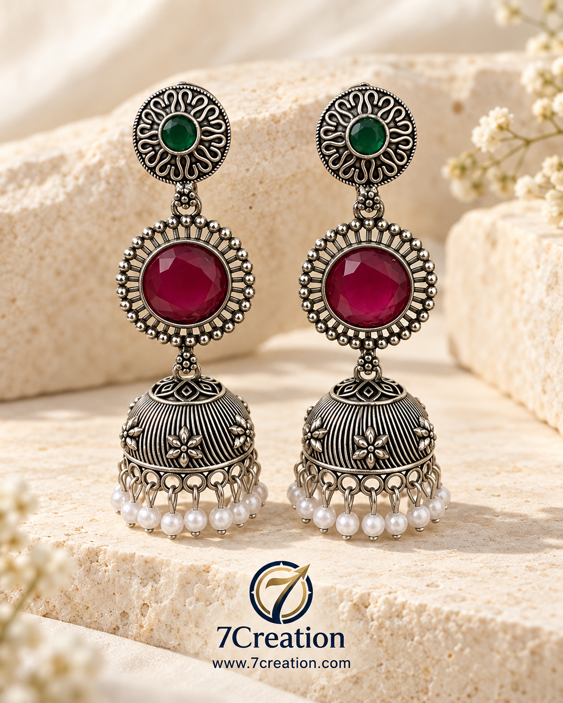 Oxidised Silver-Tone Chandbali Jhumka Earrings with Black Stone & Pearl-Style Drops D5