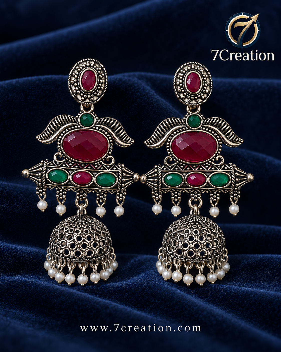 Oxidised Silver-Tone Chandbali Jhumka Earrings with Black Stone & Pearl-Style Drops D3