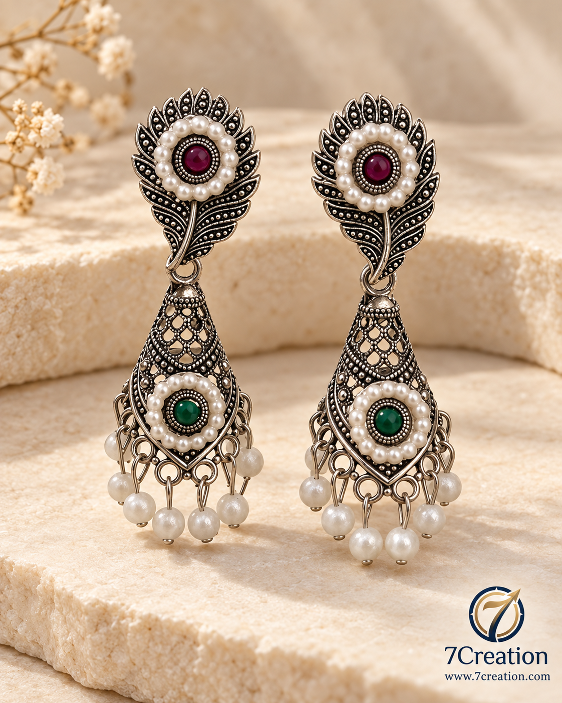 Oxidised Silver-Tone Chandbali Jhumka Earrings with Black Stone & Pearl-Style Drops D4