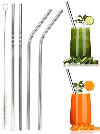 Timeless Culinary Reusable Stainless Steel Straws (Pack of 4, SS304) — 2 Straight + 2 Bent, 21.5cm | Includes Cleaner Brush & Travel Pouch | Fits Tumblers, Sippers & Water Bottles