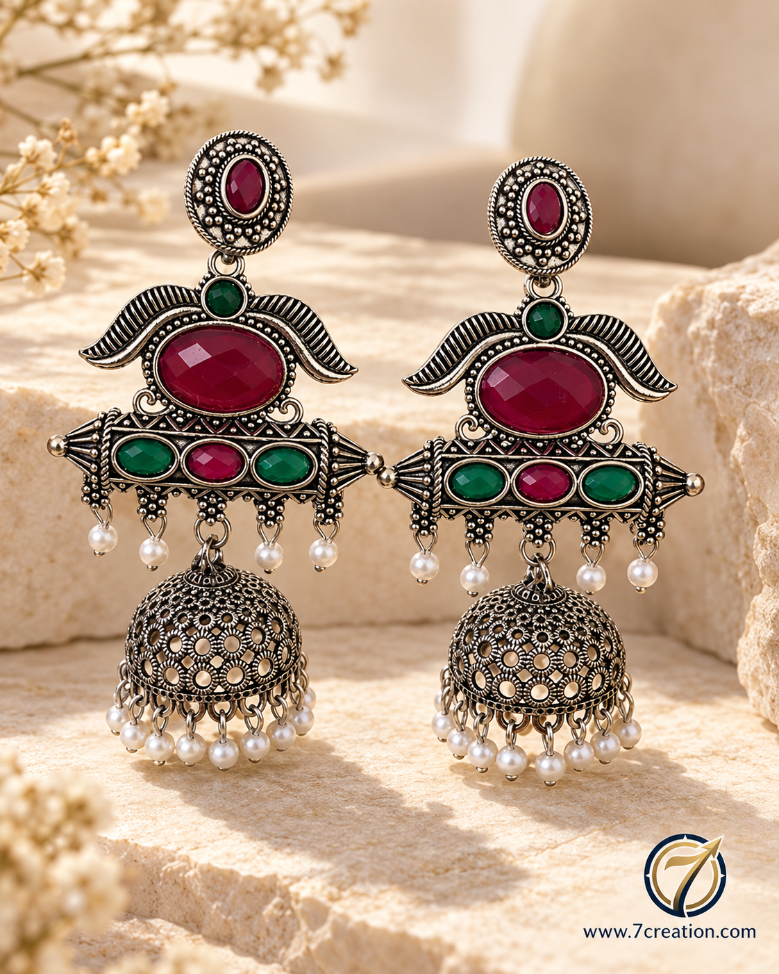Oxidised Silver-Tone Chandbali Jhumka Earrings with Black Stone & Pearl-Style Drops D3