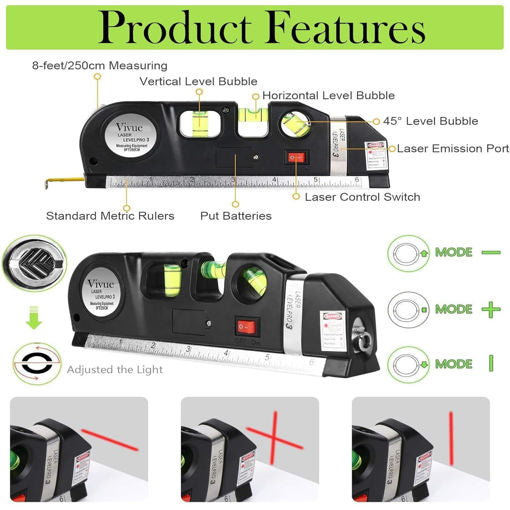3-in-1 Laser Level with Spirit Level & Measuring Tape, Black