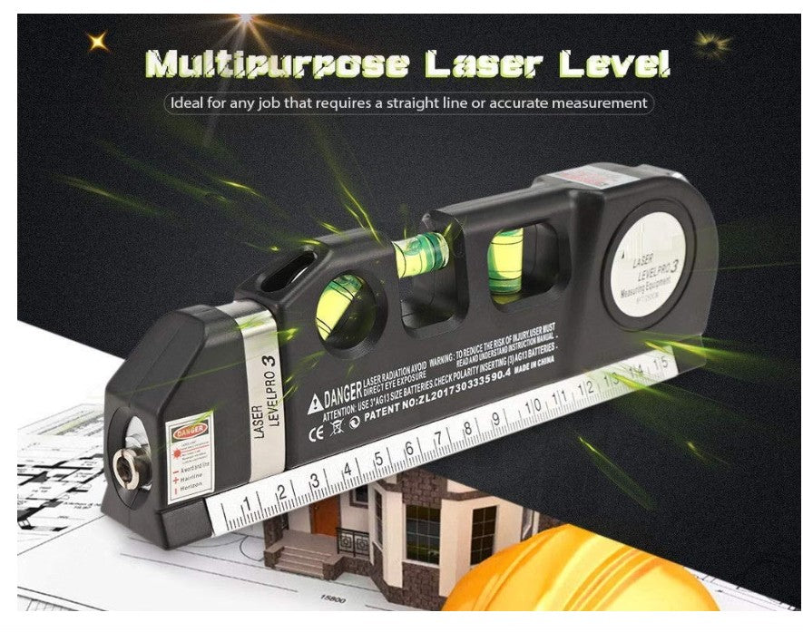 3-in-1 Laser Level with Spirit Level & Measuring Tape, Black