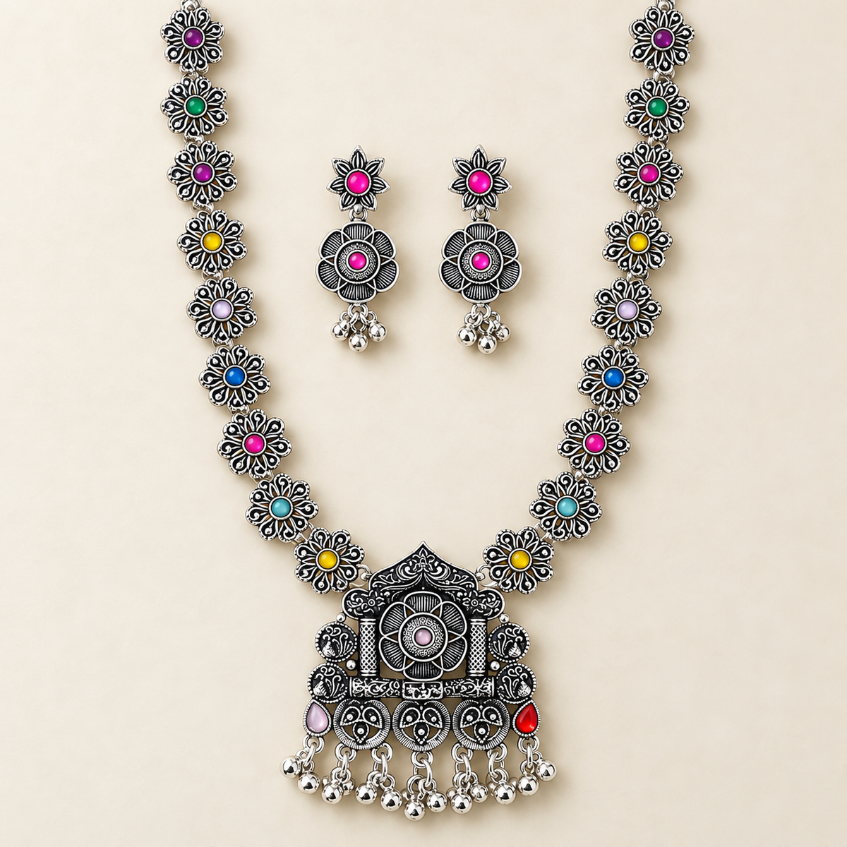 Traditional Oxidised Silver-Tone Necklace Set for Women