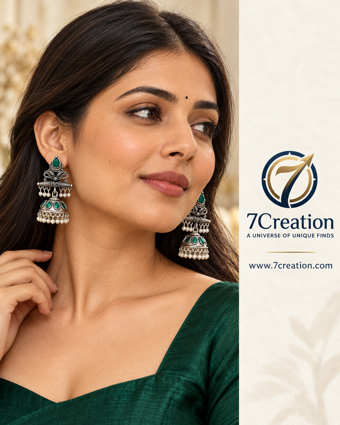 Oxidised Silver-Tone Chandbali Jhumka Earrings with Black Stone & Pearl-Style Drops