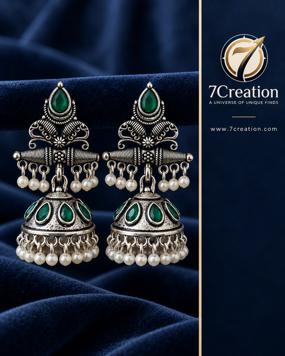 Oxidised Silver-Tone Chandbali Jhumka Earrings with Black Stone & Pearl-Style Drops