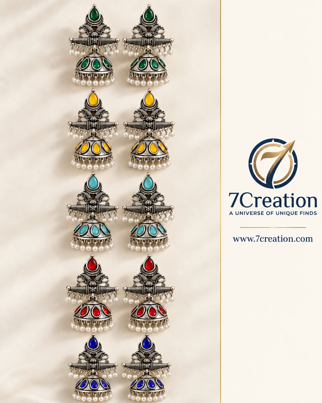 Oxidised Silver-Tone Chandbali Jhumka Earrings with Black Stone & Pearl-Style Drops