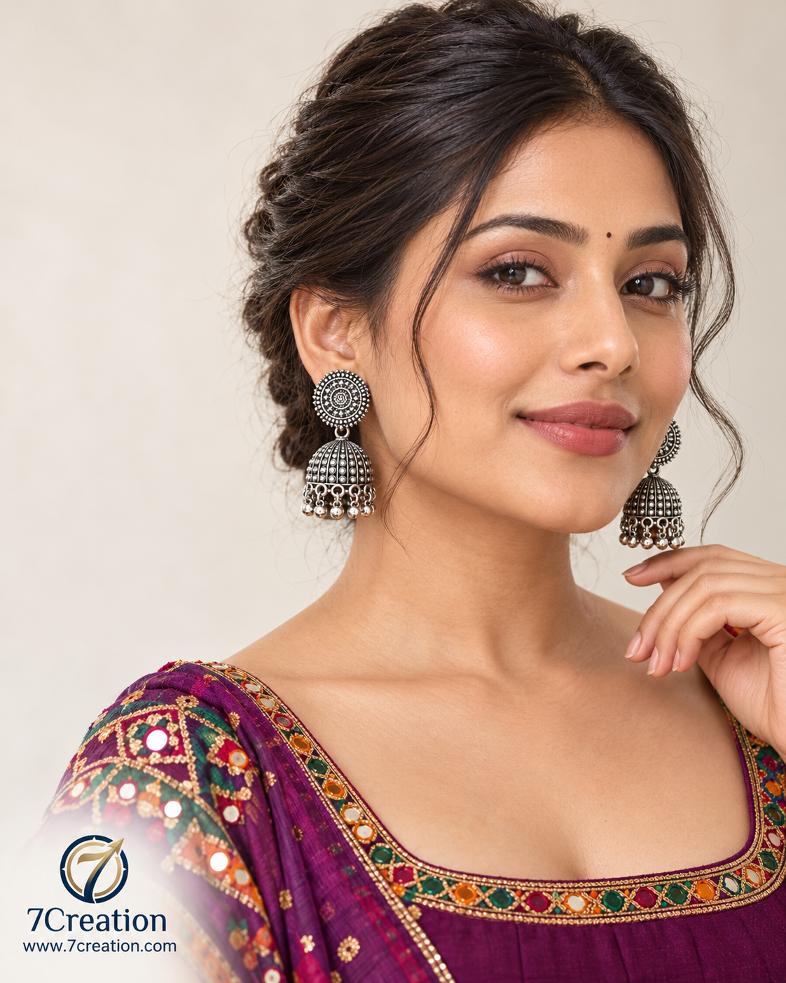Oxidised Silver-Tone Chandbali Jhumka Earrings with Black Stone & Pearl-Style Drops D2
