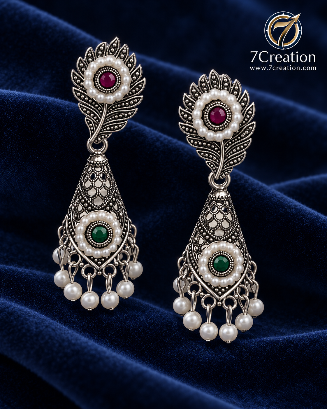 Oxidised Silver-Tone Chandbali Jhumka Earrings with Black Stone & Pearl-Style Drops D4