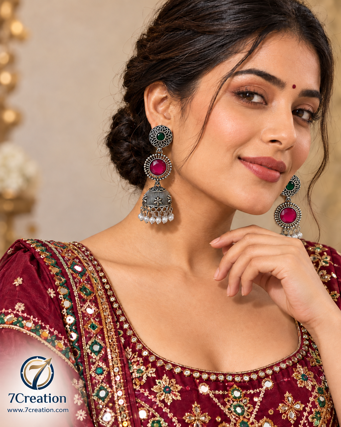 Oxidised Silver-Tone Chandbali Jhumka Earrings with Black Stone & Pearl-Style Drops D5
