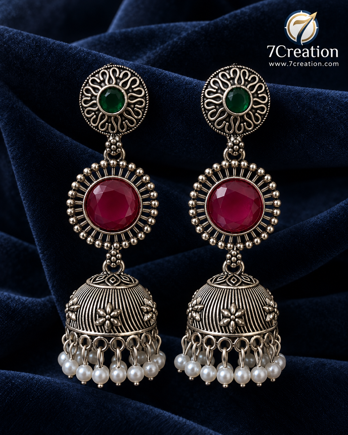 Oxidised Silver-Tone Chandbali Jhumka Earrings with Black Stone & Pearl-Style Drops D5