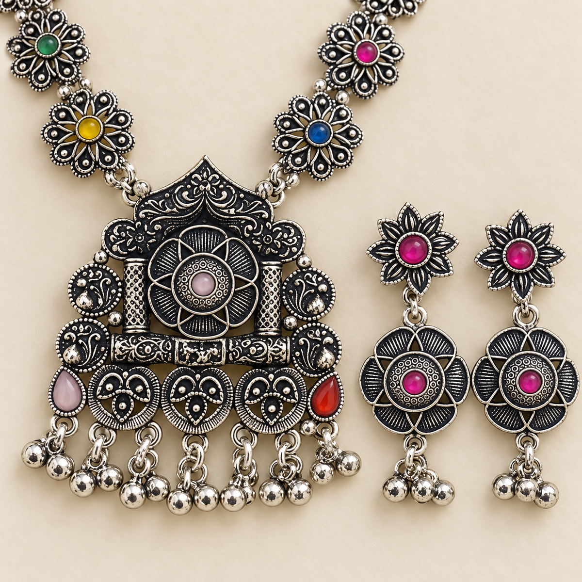 Traditional Oxidised Silver-Tone Necklace Set for Women