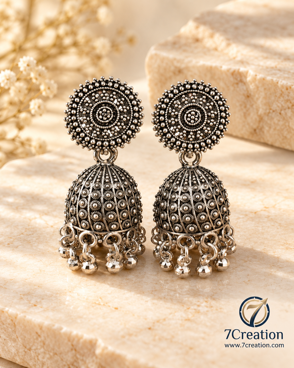 Oxidised Silver-Tone Chandbali Jhumka Earrings with Black Stone & Pearl-Style Drops D2