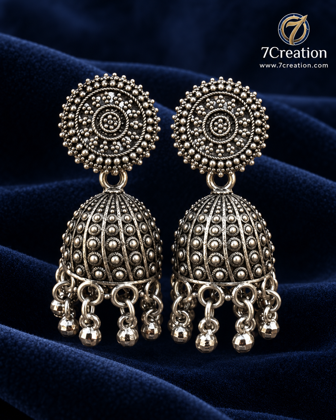 Oxidised Silver-Tone Chandbali Jhumka Earrings with Black Stone & Pearl-Style Drops D2