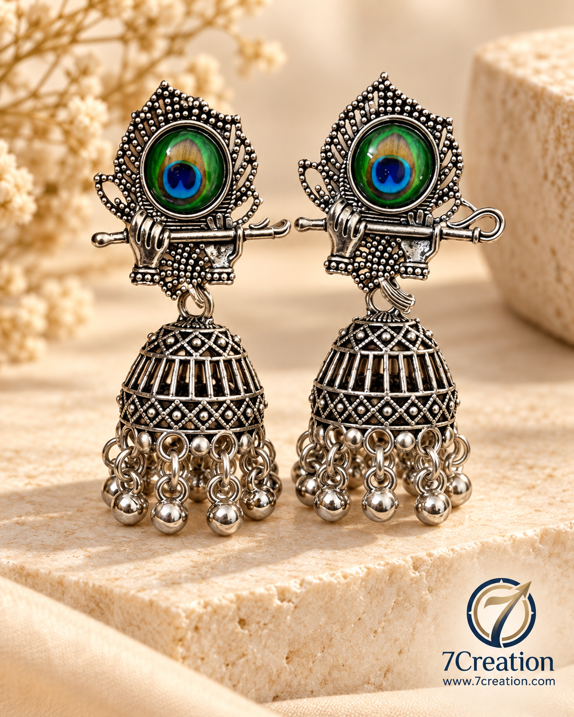 Oxidised Silver-Tone Chandbali Jhumka Earrings with Black Stone & Pearl-Style Drops D6