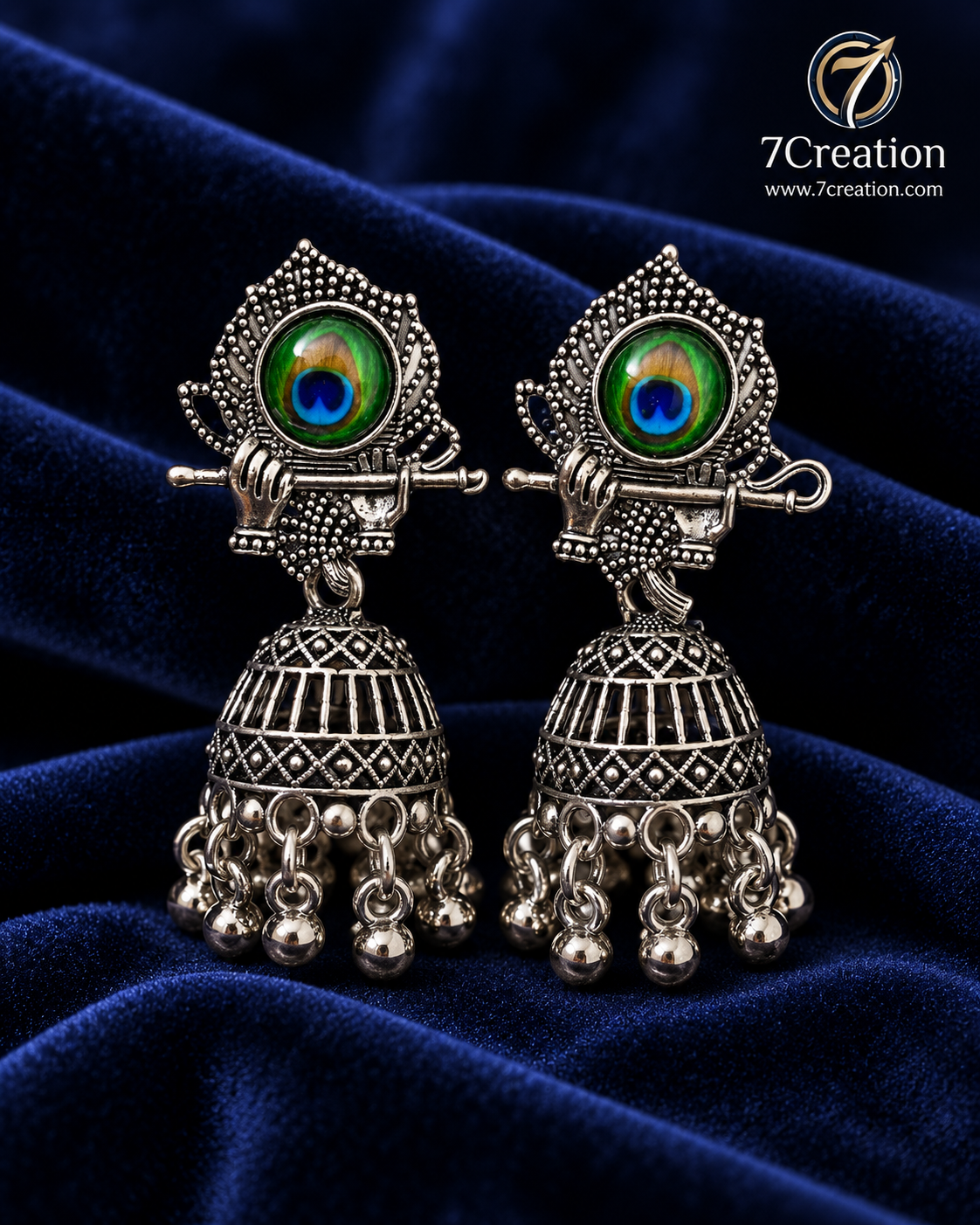 Oxidised Silver-Tone Chandbali Jhumka Earrings with Black Stone & Pearl-Style Drops D6