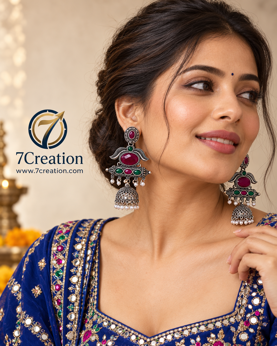 Oxidised Silver-Tone Chandbali Jhumka Earrings with Black Stone & Pearl-Style Drops D3