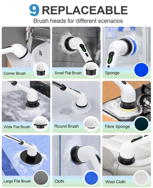 9-in-1 Electric Spin Scrubber with 9 Brush Heads | 2 Speeds