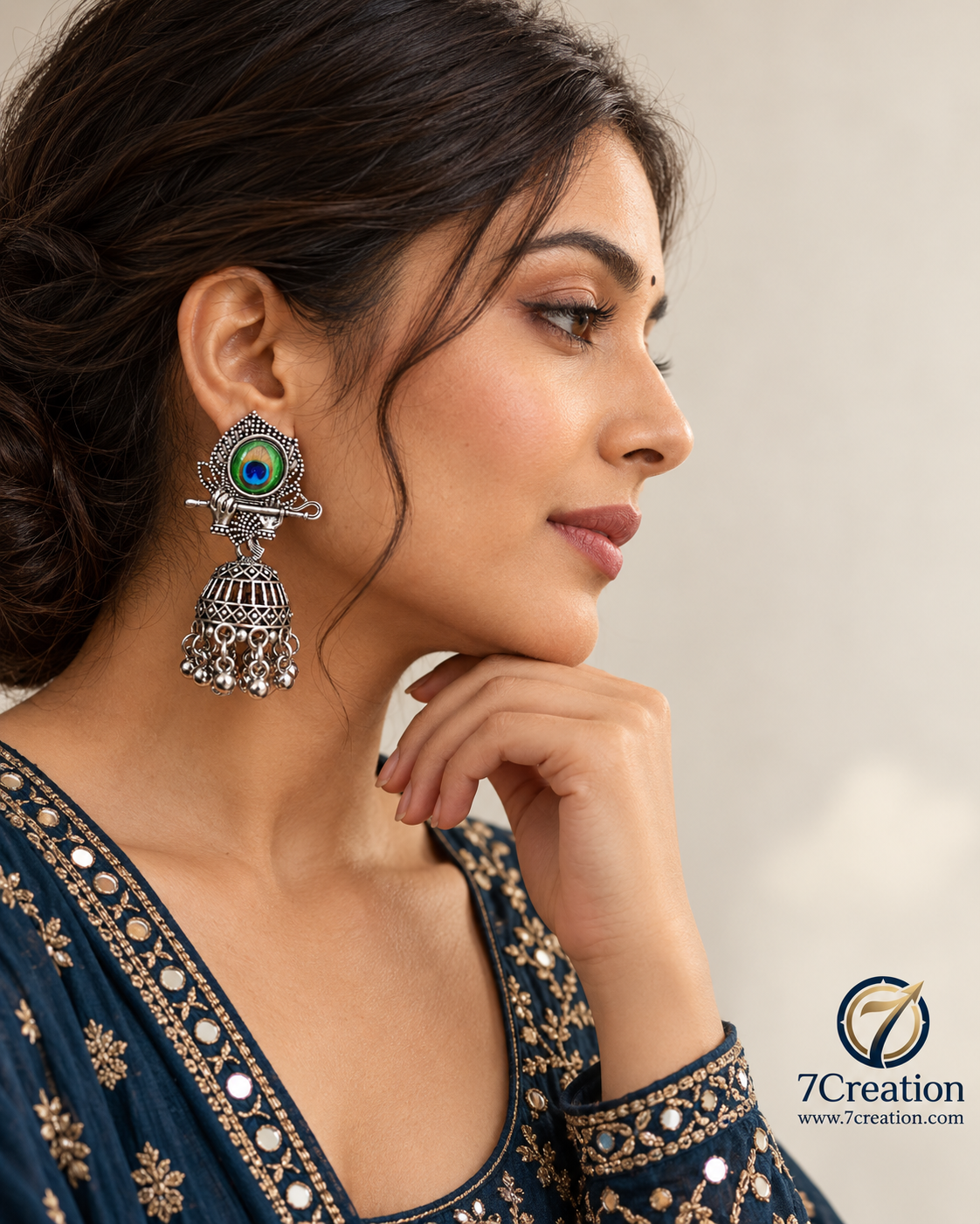 Oxidised Silver-Tone Chandbali Jhumka Earrings with Black Stone & Pearl-Style Drops D6